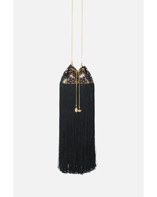 Camilla Black Drawstring Pouch With Fringing Flamenco Folklore