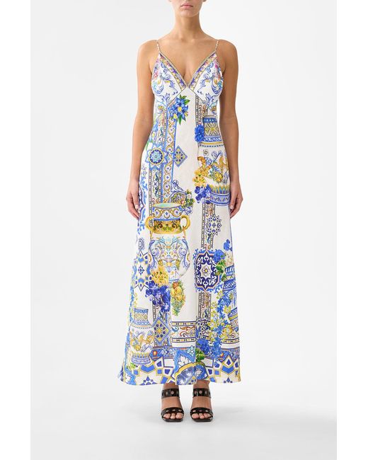 Camilla White V Neck Full Length Bias Slip Dress