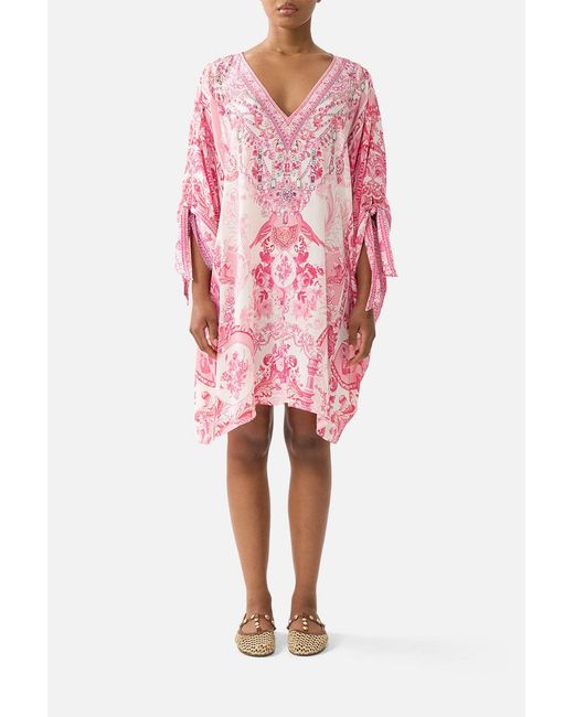 Camilla Pink Tie Sleeve Short V Neck Kaftan Livin La Vida Rosa