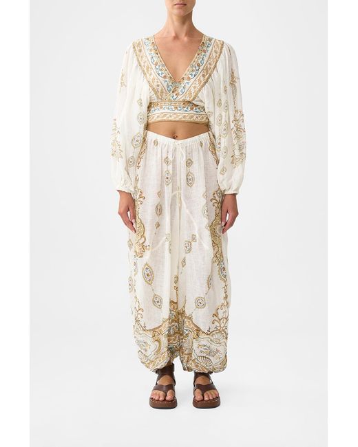 Camilla Natural Cropped Blouson Sleeve Tie Front Top Ottoman Dynasty