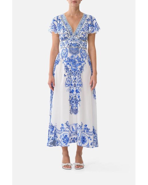 Camilla Blue Waisted Midi Dress With Flutter Sleeve Ceramic Panoramic