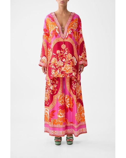 Camilla Red Deep V Neck Hardware Short Kaftan Tiles Of Türkiye