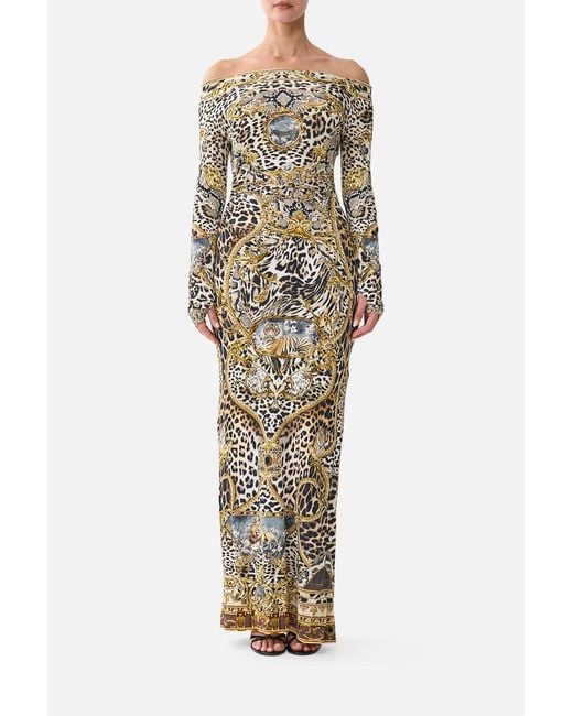 Camilla Yellow Off Shoulder Gathered Jersey Dress Leopard Libertine