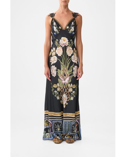 Camilla Black V Neck Full Length Bias Slip Dress Ottoman Elegance