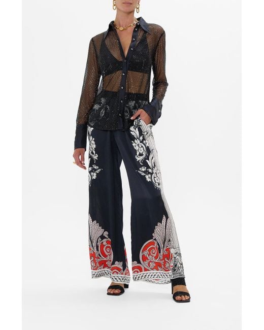 Camilla Black Crystal Mesh Shirt With Silk Contrast Mark Of Medusa