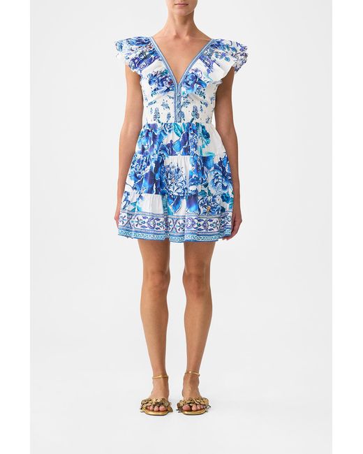 Camilla Blue Tiered Short With Neck Frill Dress