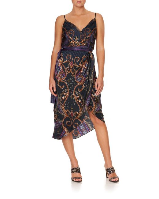 Camilla Silk Asymmetrical Wrap Dress With Straps Dining Hall Darling