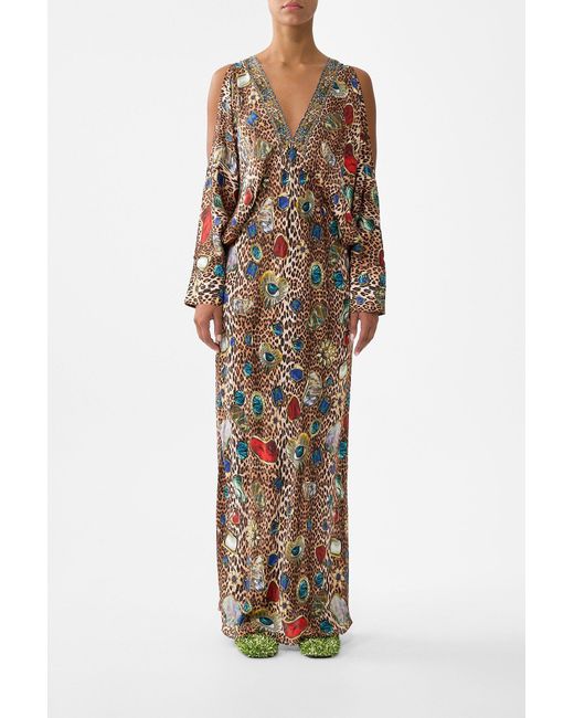 Camilla Multicolor Plunge Neck Draped Shoulder Dress Nazar Nirvana