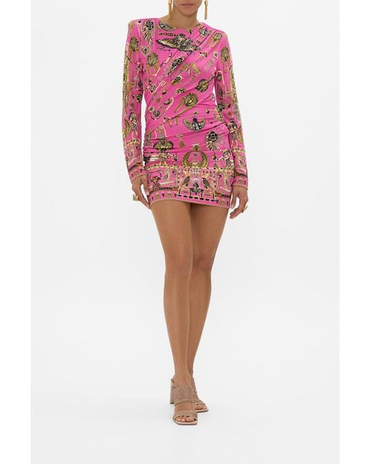 Camilla Red Asymmetrical Draped Long Sleeve Short Dress Song Of The Scarab