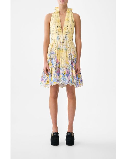 Camilla Yellow Ruffle Hem Halter Short Dress Darling Buds