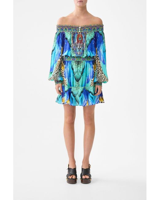 Camilla Blue Off Shoulder Short Dress Jungle Flight