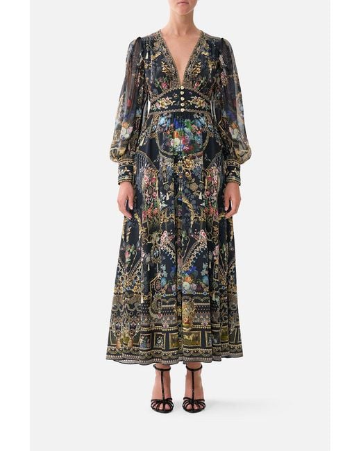 Camilla Green Shaped Waistband Dress With Gathered Sleeves Night Garden