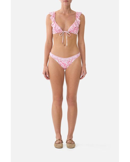 Camilla Pink Tie Front Tri Bikini Top W Frill Neck Livin La Vida Rosa