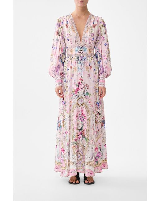 Camilla Pink Shaped Waistband Dress With Gathered Sleeves Palatial Pastels