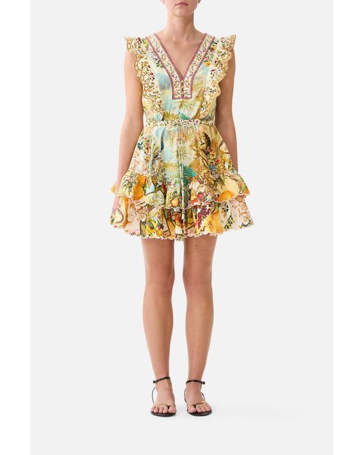 Camilla Yellow Frill Sleeve Tiered Short Dress Va Va Vintage