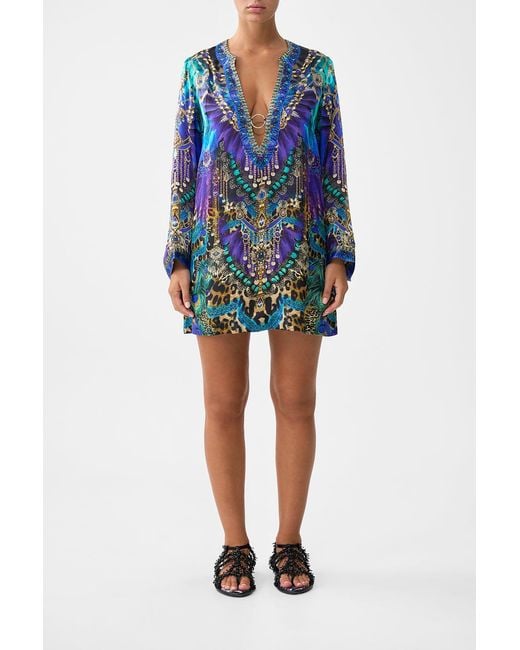 Camilla Blue Deep V Neck Hardware Short Kaftan Cosmic Zoology