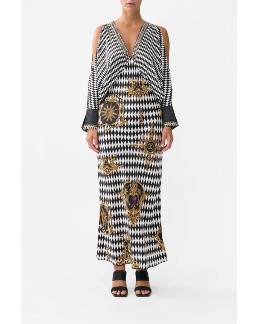 Camilla White Plunge Neck Draped Shoulder Dress Monarchy Mania
