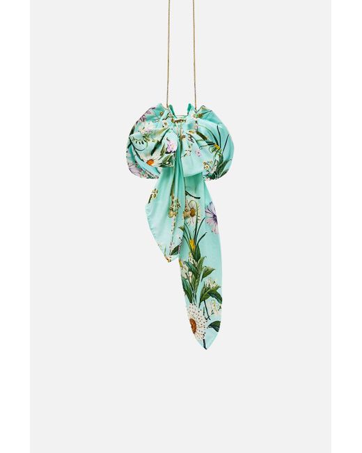 Camilla Green Drawstring Pouch Bag With Oversized Bow Floral Freefall