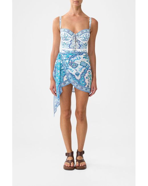 Camilla Blue Eyelet Wrap Mini Sarong With Tie Waist