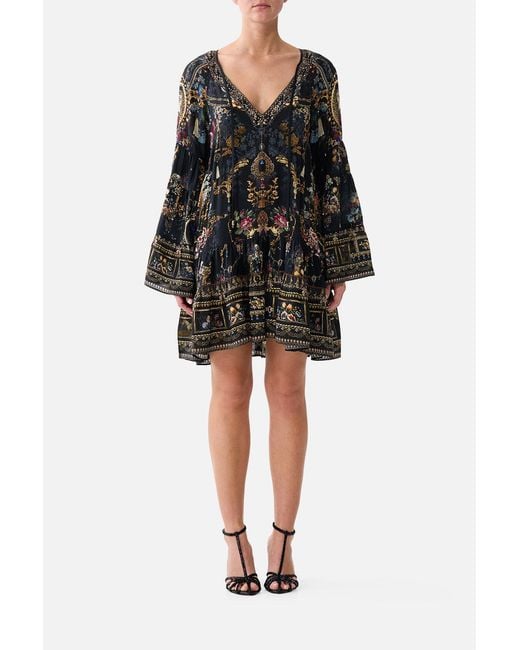 Camilla Black A-Line Gathered Panel Dress Night Garden