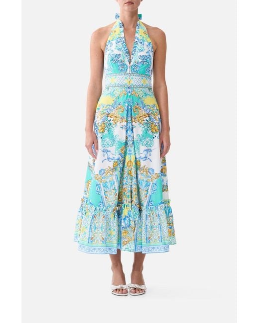 Camilla Blue Ruffle Neck Halter Dress Dial Up The Tiles