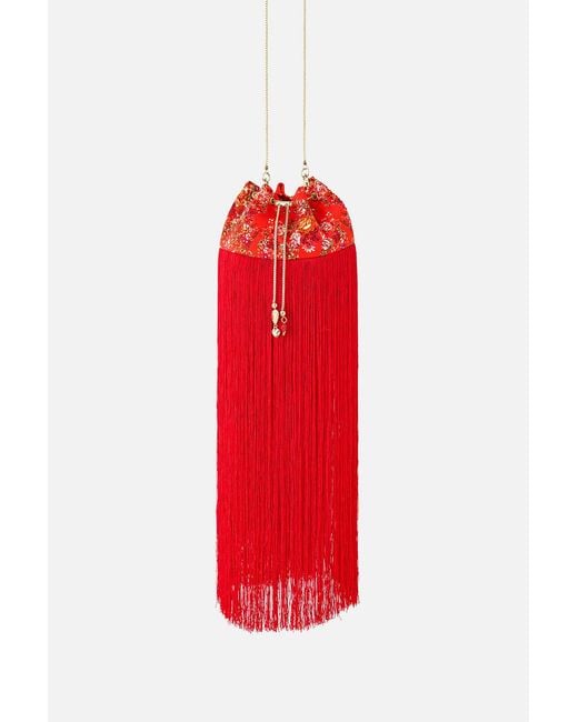 Camilla Red Drawstring Pouch With Fringing Olé Olé
