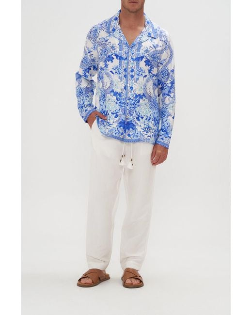 Camilla Silk Long Sleeve Camp Collared Shirt Heart Of A Dragon in Blue