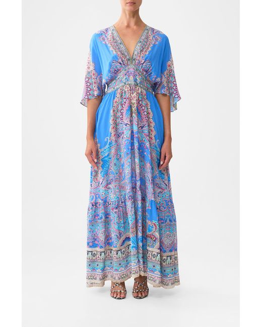 Camilla Blue Waisted Dress With Hem Ruffle Footsteps