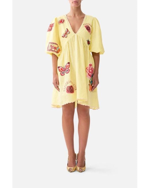 Camilla Yellow V Neck Puff Sleeve Short Dress Collage Kingdom