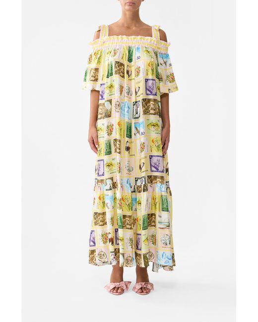 Camilla Metallic Long Off Shoulder Frill Dress With Straps With Love From Lisbon