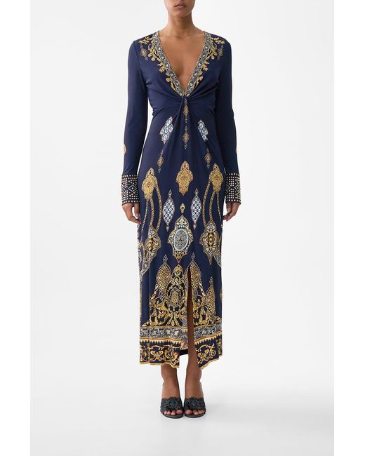 Camilla Blue Long V Neck Twist Front Jersey Dress The Imperial Gate