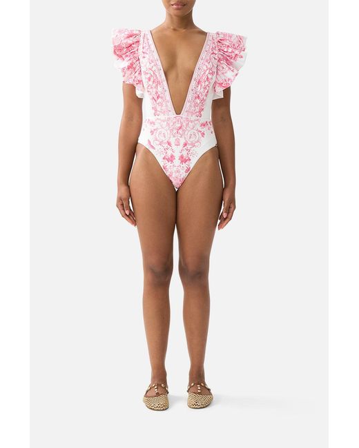 Camilla Multicolor Plunge One Piece W Pleated Ruffle Sleeves