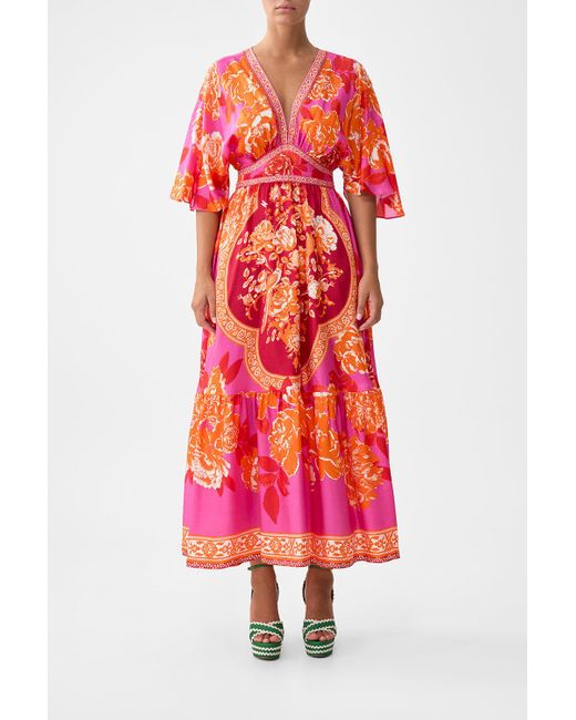 Camilla Red Waisted Dress With Hem Ruffle Tiles Of Türkiye