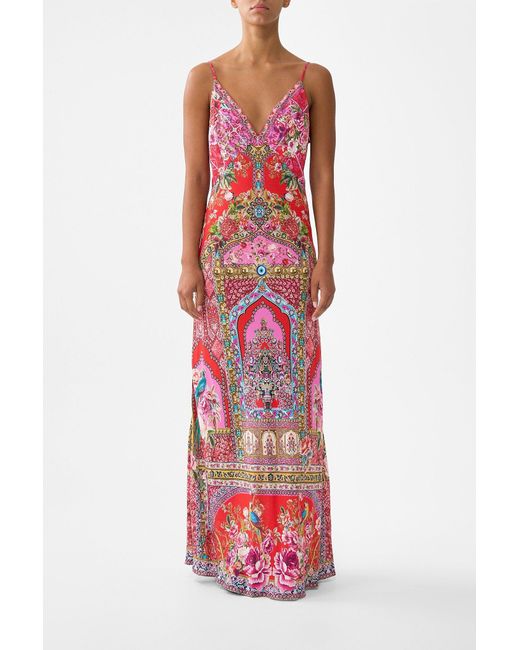 Camilla Red V-Neck Full Length Bias Slip Dress Heirloom Empire