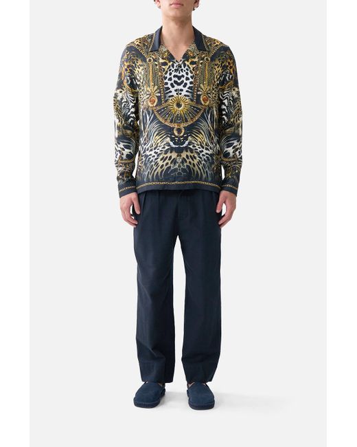 Camilla Blue Long Sleeve Camp Collared Shirt Feline Folklore for men