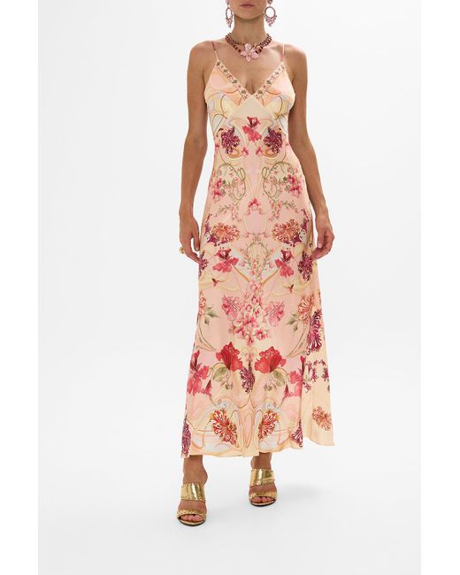 Camilla eBoutique Multicolor V Neck Full Length Bias Slip Dress Blossoms And Brushstrokes