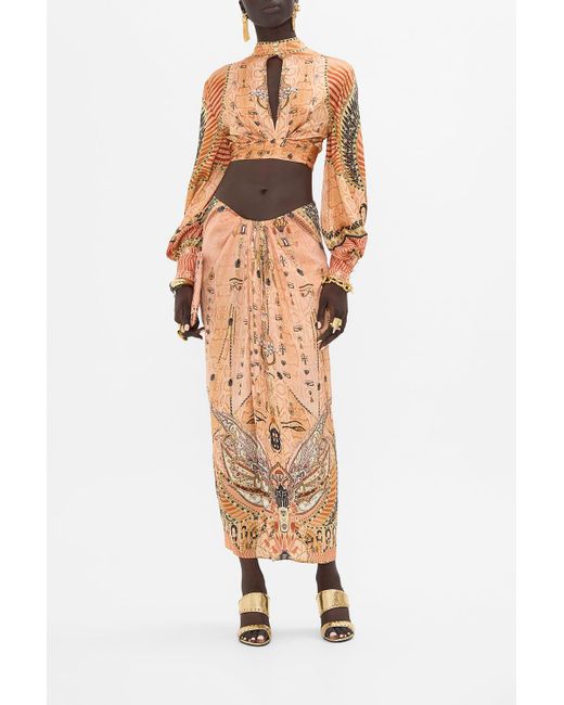 Camilla Multicolor Drape Front Skirt With Split Kingdom Of Heiroglyphs