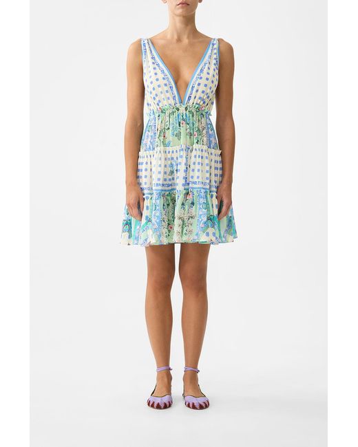 Camilla Blue Tiered Short Dress With Shoulder Ties Midsummer Mosaics