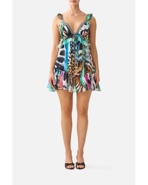 Camilla Blue Curved Hem Ruffle Dress Butterfly Bohemia
