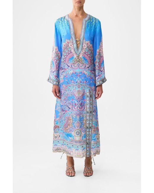 Camilla Blue Deep V Neck Hardware Kaftan Footsteps