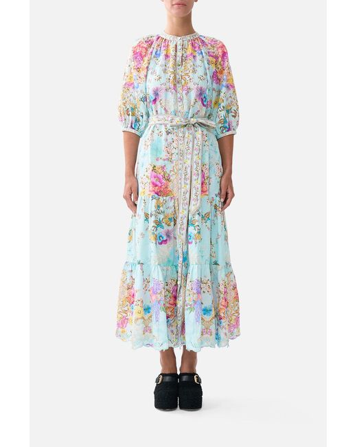 Camilla Blue Puff Sleeve Midi Shirt Dress With Tie Bazaar Blooms