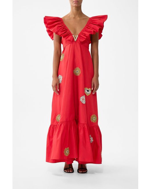 Camilla Red Frill Neck Dress With Hardware Nazar Nirvana