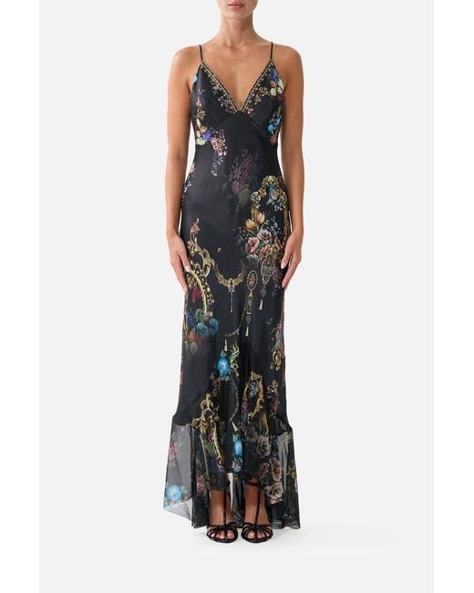 Camilla Black V Neck Slip Dress With Flounce Hem Night Garden