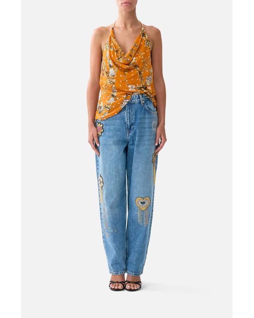 Camilla Orange Draped Top With Hardware Talismans Of Turkiye