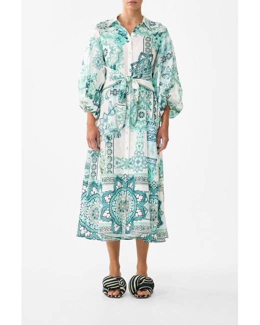 Camilla Green Waist Tie Shirt Dress With Bubble Sleeve