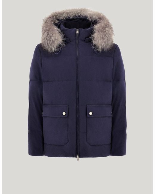 Canali Blue Cashmere Puffer Jacket With Membrane And Removable Hood With Fox Fur for men