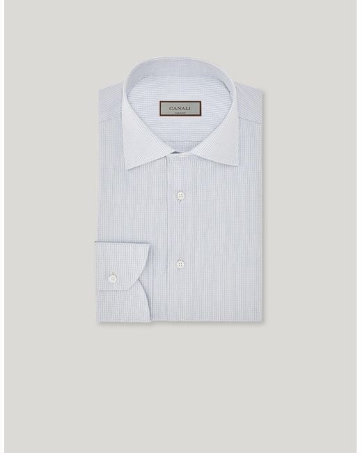 Canali White Nuvola And Light Cotton Micro-Check Shirt for men