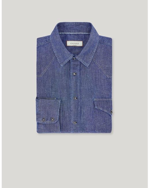 Canali Blue Cotton-Linen Denim Regular-Fit Shirt With Snap Buttons for men