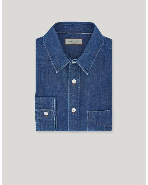 Canali Blue Denim Stonewashed Cotton Relaxed-Fit Shirt for men