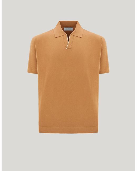 Canali Natural Caramel Cotton And Silk Polo Shirt With Contrasting Piping for men